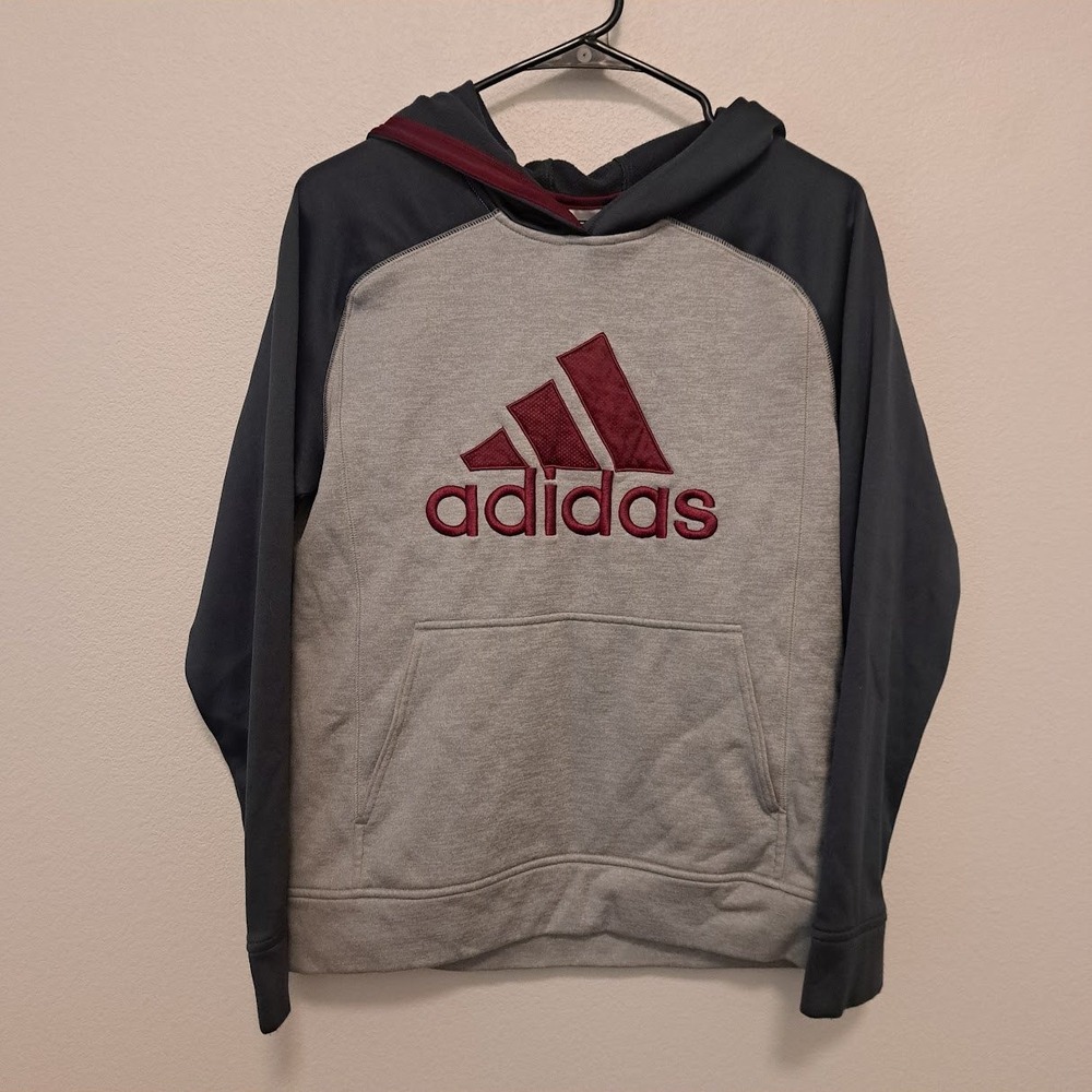 Adidas Boys XL 18/20 Gray Charcoal Burgundy Logo Fleece Pullover Hoodie